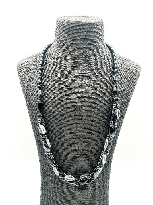 Vintage Black Clear Glass Triple Strand Twist Necklace Statement Beaded 26.5”