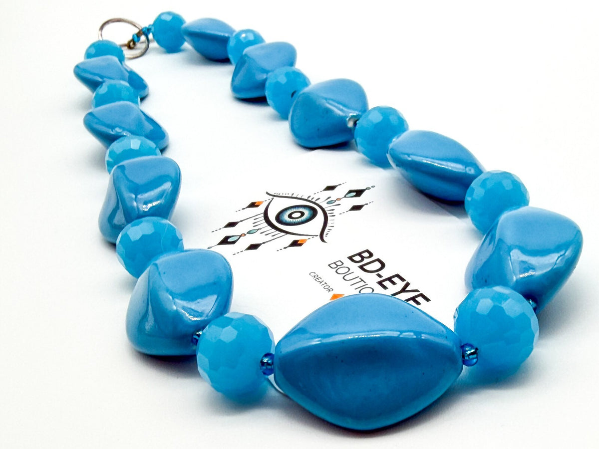 Blue Ceramic Glass Statement Necklace Sky Blue Toggle Clasp 20.5” Summer