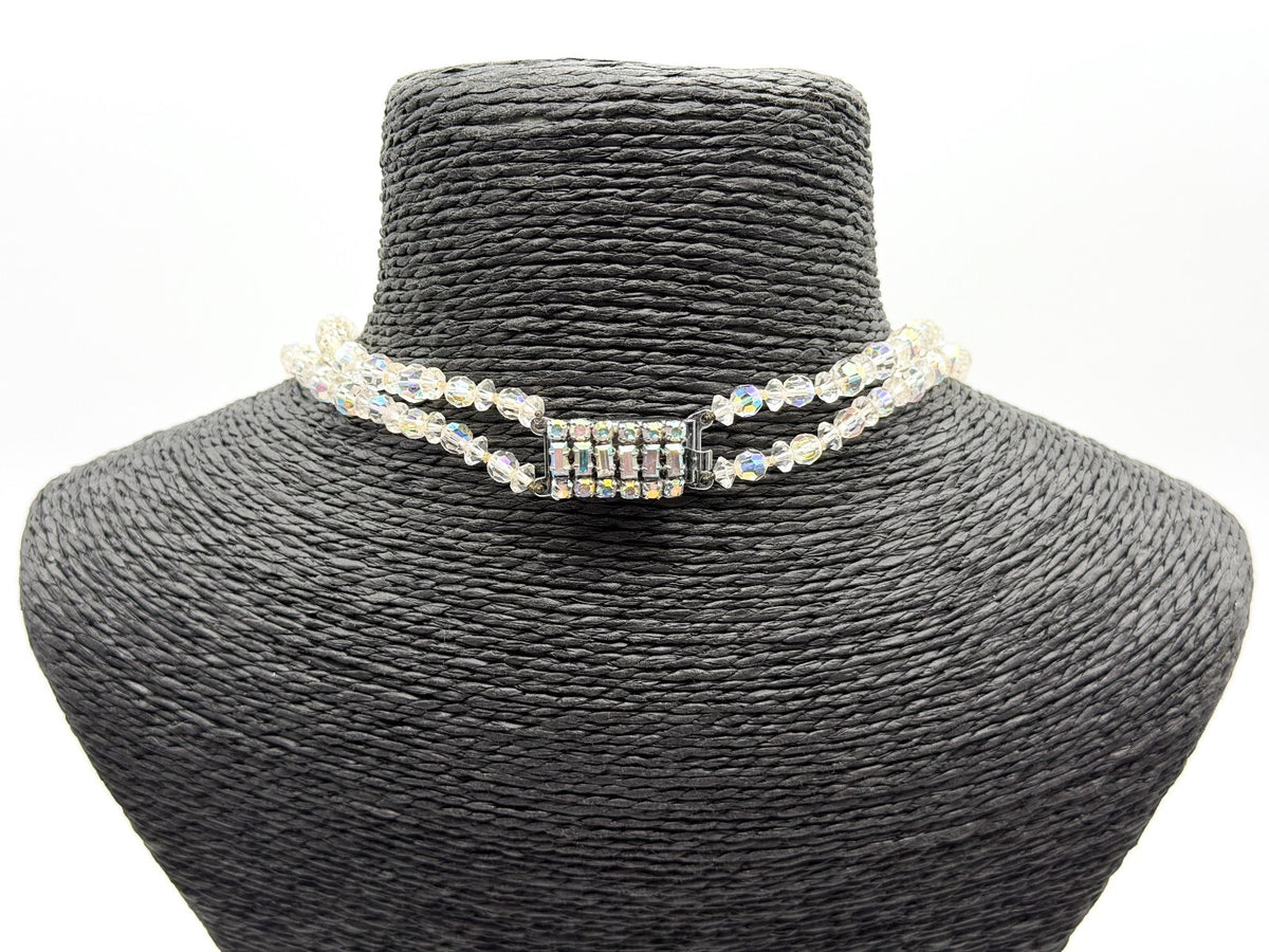 Vintage Aurora Borealis Crystal Necklace 2 Strand AB Glass Rhinestone Clasp 19"