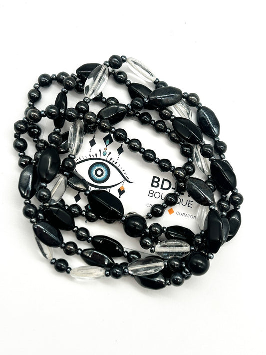 Vintage Black Clear Glass Triple Strand Twist Necklace Statement Beaded 26.5”