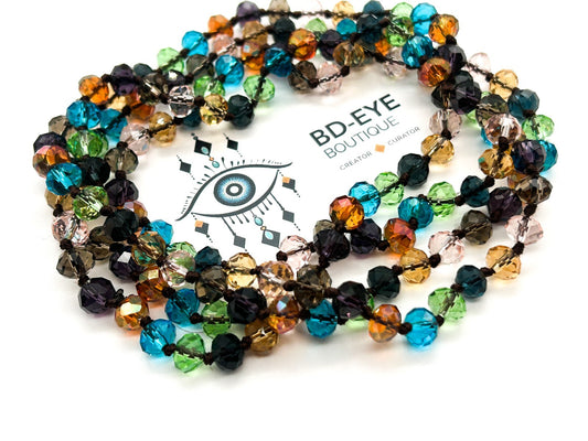 Vintage Multicolour Faceted Crystal Glass Necklace Hand Knotted Rainbow 23"