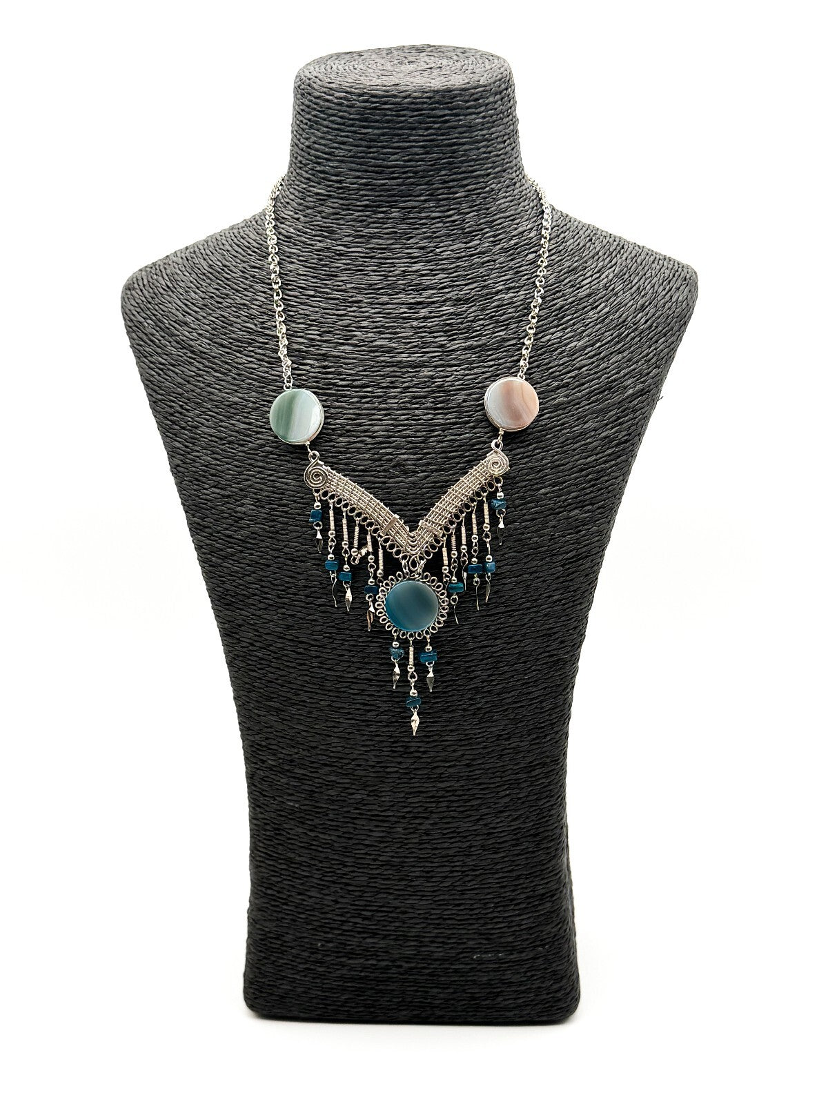 Peruvian Alpaca Silver Agate Lapis Lazuli Statement Necklace 17.5”