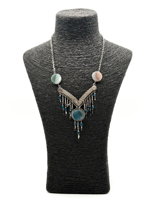 Peruvian Alpaca Silver Agate Lapis Lazuli Statement Necklace 17.5”