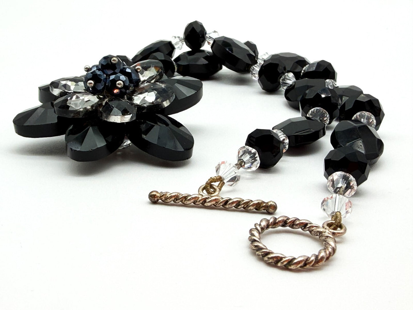 Black Crystal Flower Statement Necklace Earrings Set Faceted Glass Evening Wear