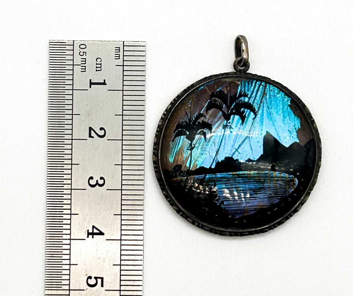 Vintage Art Deco A.W. Rio 920 Silver Morpho Butterfly Wing Pendant Bubble Glass