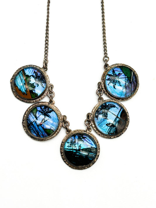 Morpho Butterfly Wing Necklace Tropical Painted Bubble Glass Brazil 1920s-1930s