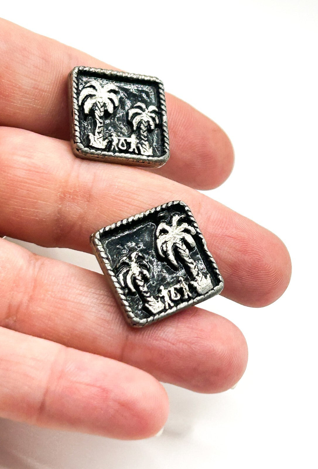 Vintage Egyptian Revival Palm Tree Enamel Cufflinks Silver Plated Figural Scene