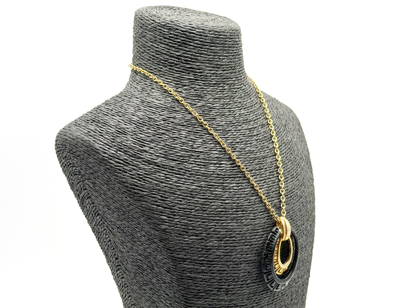 Vintage Black Gold Tone Greek Key Statement Necklace Oval Pendant 17” Geometric