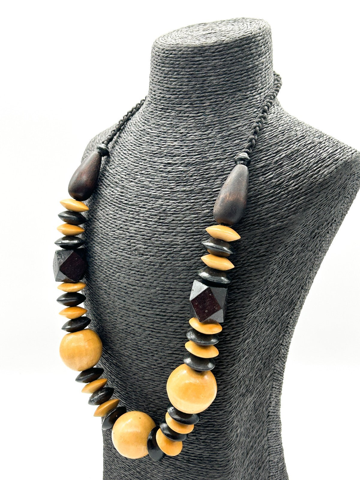 Vintage Black Beige Wooden Bead Necklace Long Chunky Bohemian Statement Retro