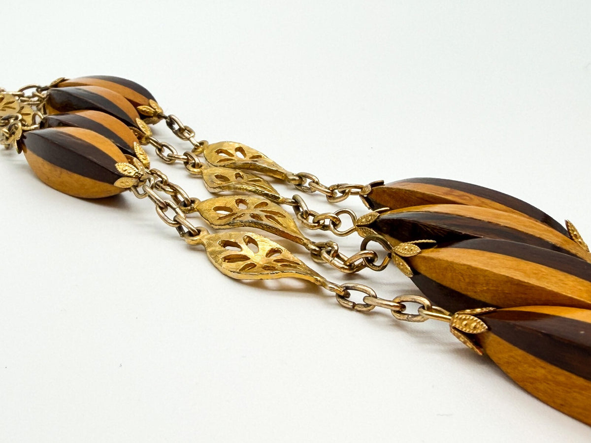 Vintage Two Tone Wood Necklace Gold Tone Openwork Floral Links Long