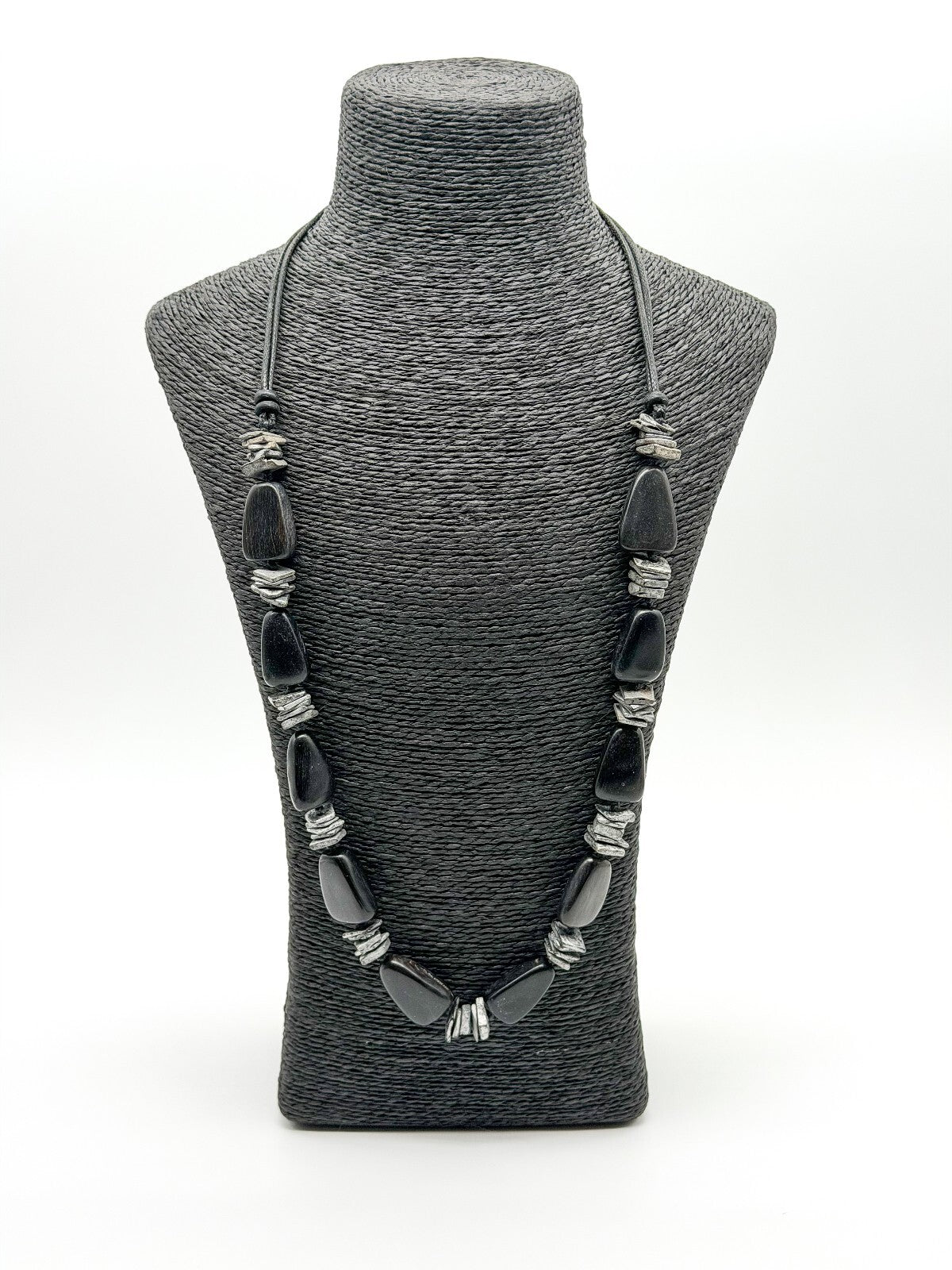 Shungite Gemstone Necklace Black Nugget Beads Silver Spacer Modern Statement