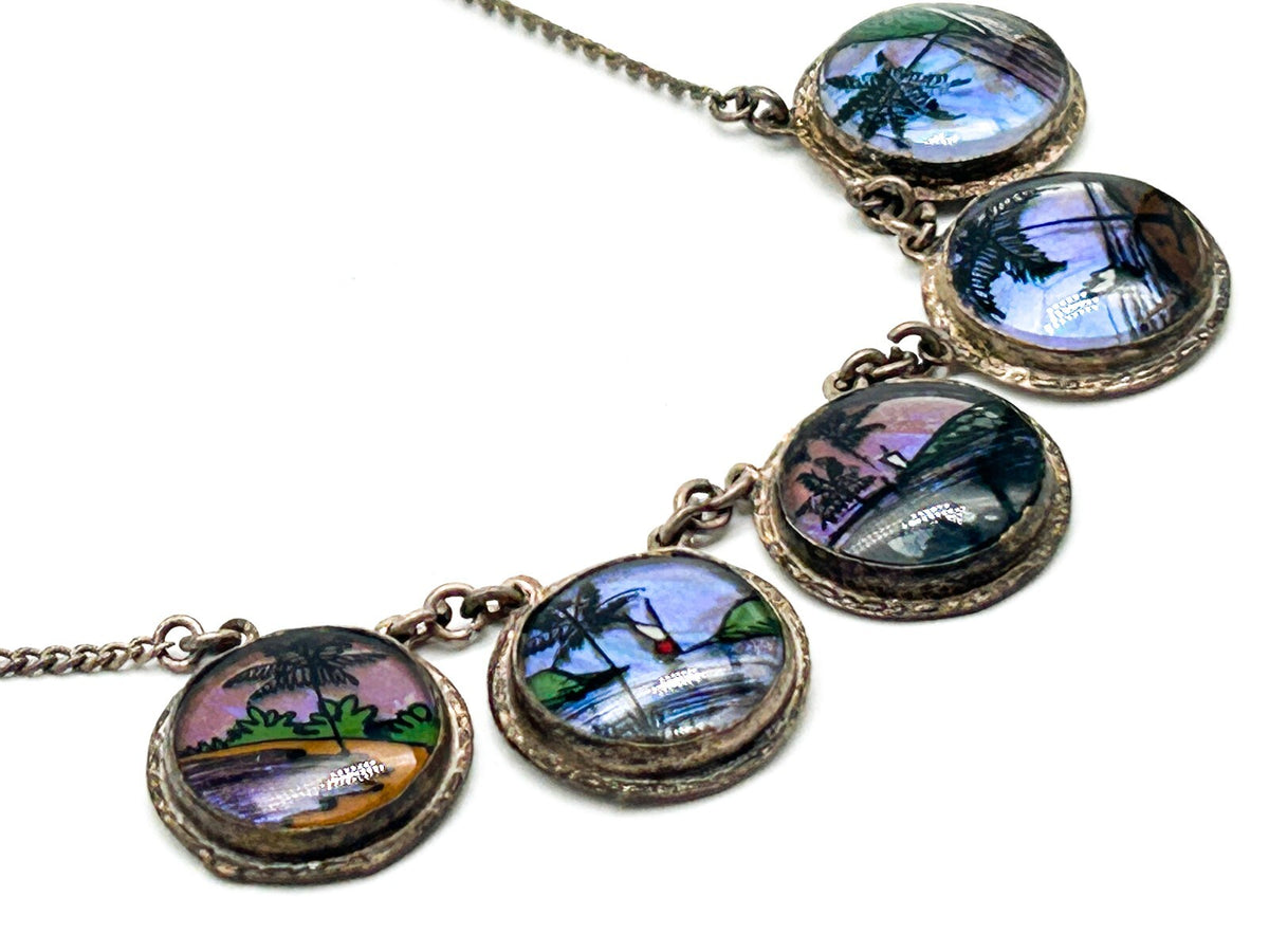 Morpho Butterfly Wing Necklace Tropical Painted Bubble Glass Brazil 1920s-1930s