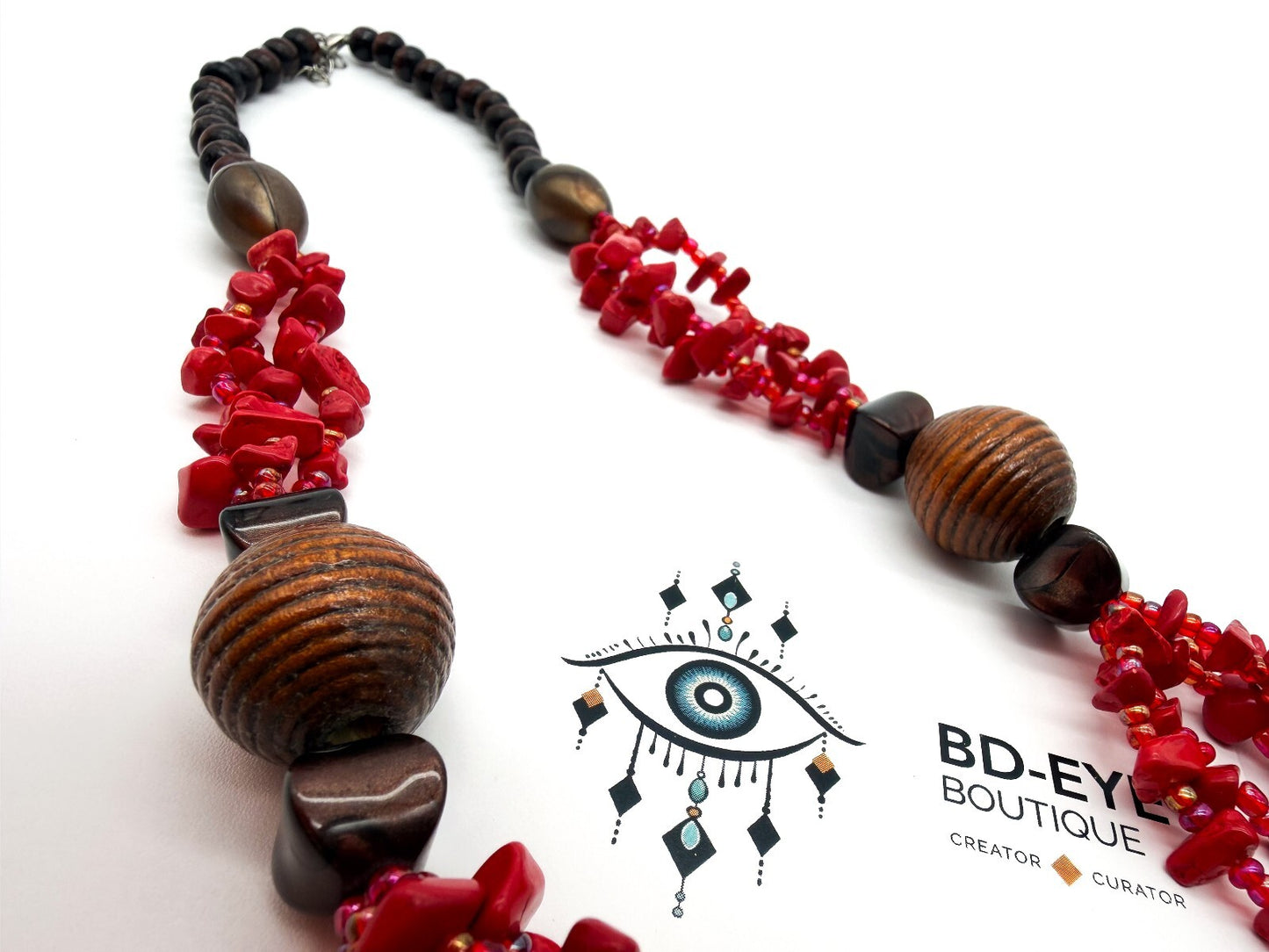 Red Coral Chip 5 Strand Necklace Wood Beads AB Glass Seed Beads 26” Statement