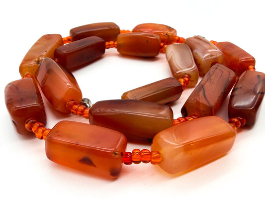 Vintage Carnelian Necklace Large Rectangular Gemstone Beads Orange Red 22”