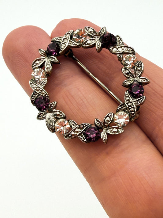 Vintage Purple & Clear Rhinestone Wreath Brooch Silver Tone Floral Pin