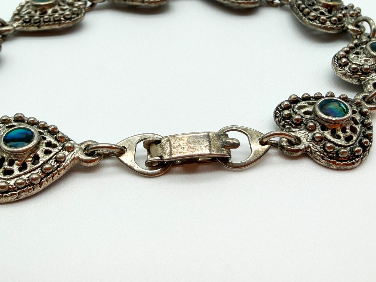 Vintage Abalone Shell Ornate Love Heart Panel Link Bracelet Silver Tone 7”