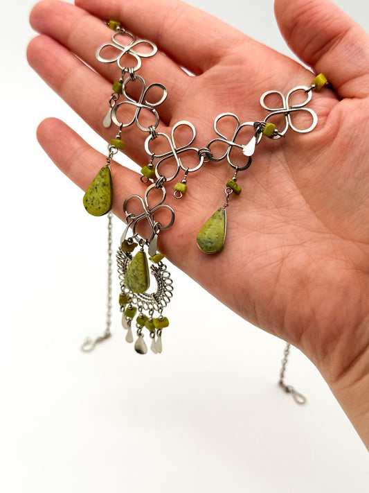 Peruvian Alpaca Silver Serpentine Necklace Earrings Set Wirework Floral Bib