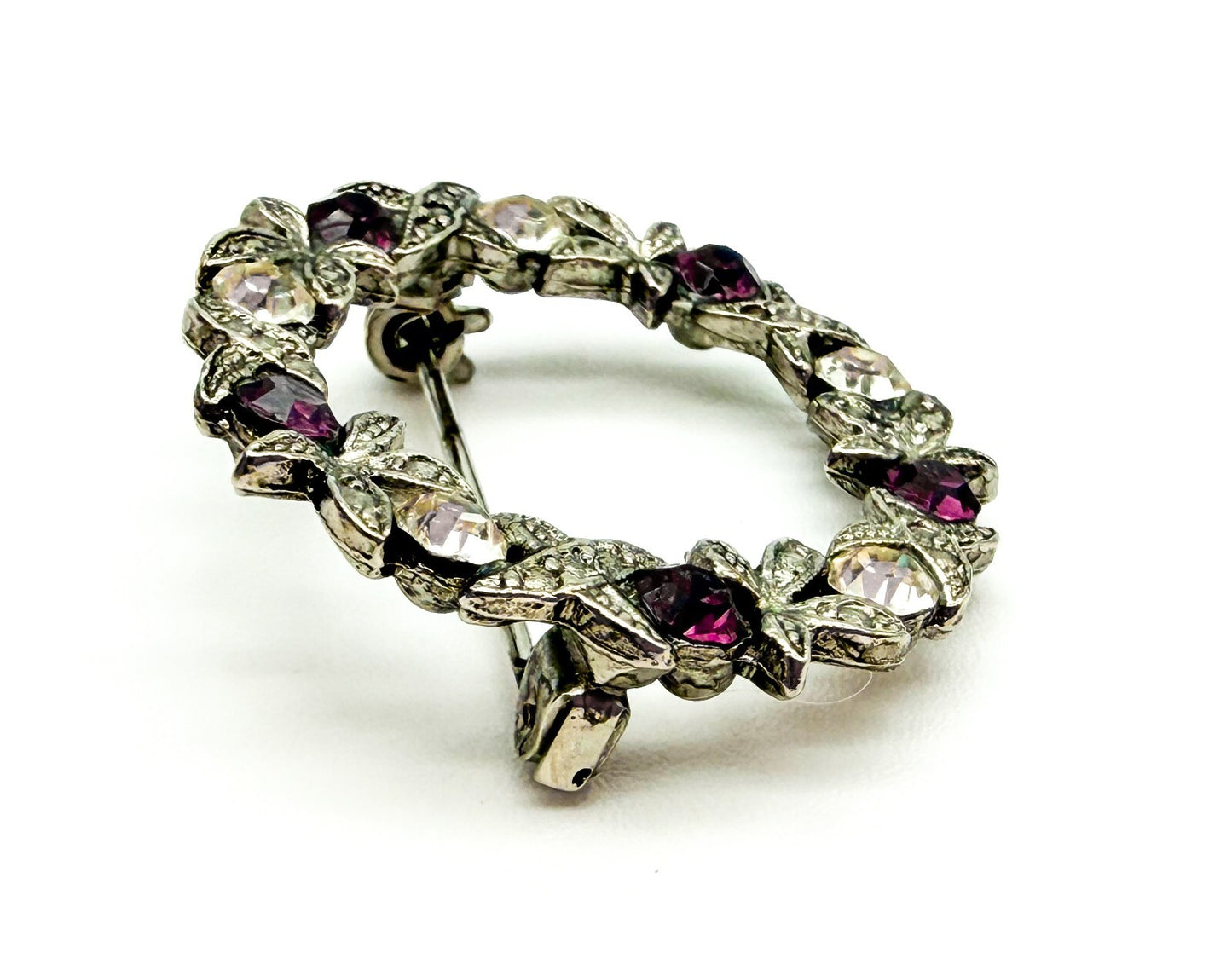 Vintage Purple & Clear Rhinestone Wreath Brooch Silver Tone Floral Pin