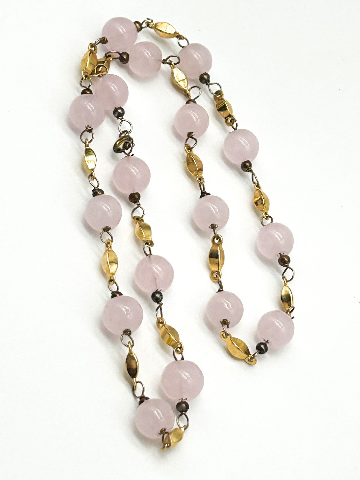 Vintage Pastel Pink Glass Bead Necklace Gold Tone Station Necklace 20”