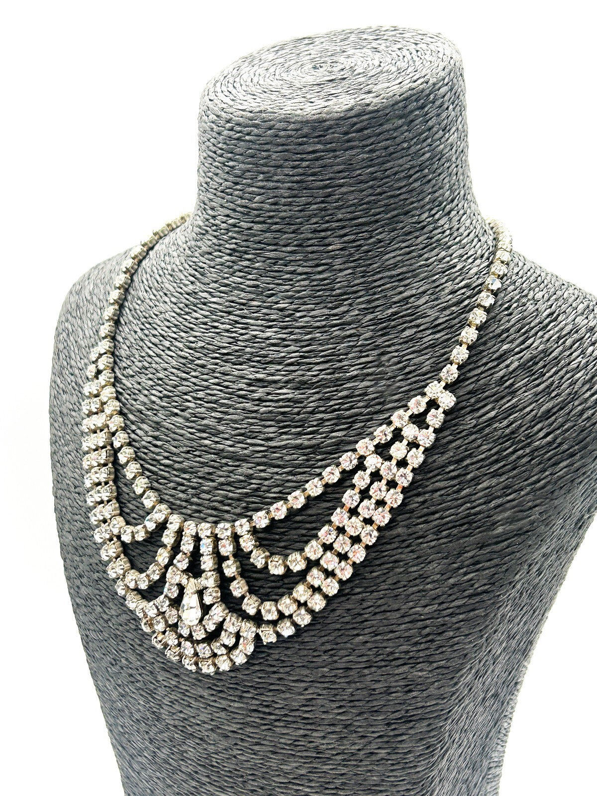 Vintage Rhinestone Bib Necklace Silver Tone Draped Cup Chain Bridal Statement