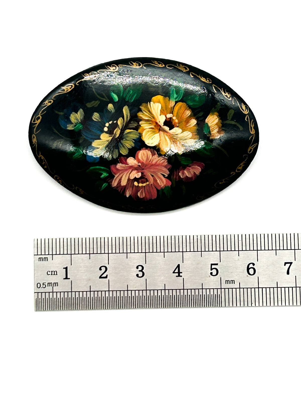 Vintage Russian Hand Painted Lacquer Floral Brooch Signed Black Gold Flower Pin
