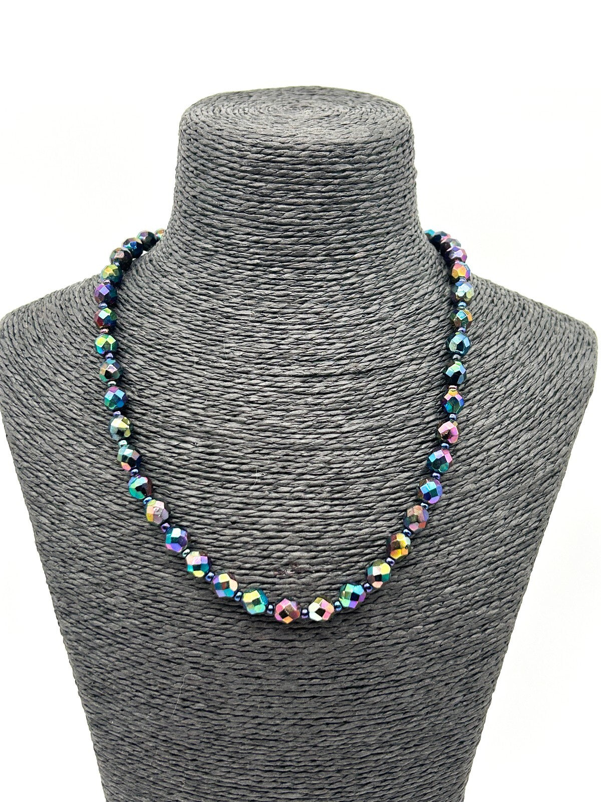 Vintage Carnival Glass Bead Necklace Peacock Iridescent Faceted 19”
