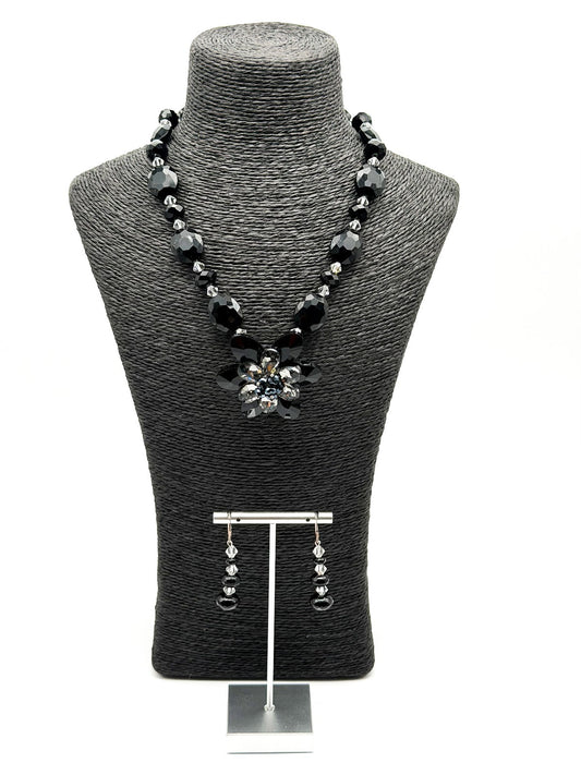 Black Crystal Flower Statement Necklace Earrings Set Faceted Glass Evening Wear