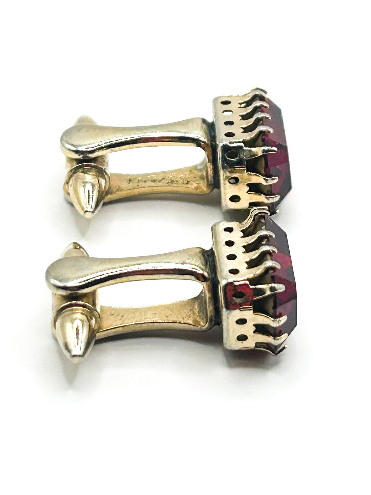 Vintage Ruby Red Faceted Glass Gold Tone Cufflinks PAT APP Prong Set 1950s 60s