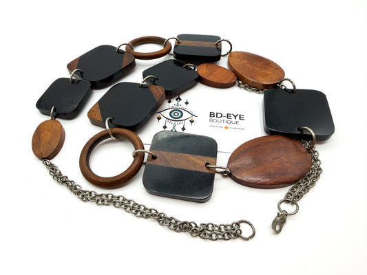 Chunky Wood & Black Resin Geometric Statement Necklace Retro Silver Chain