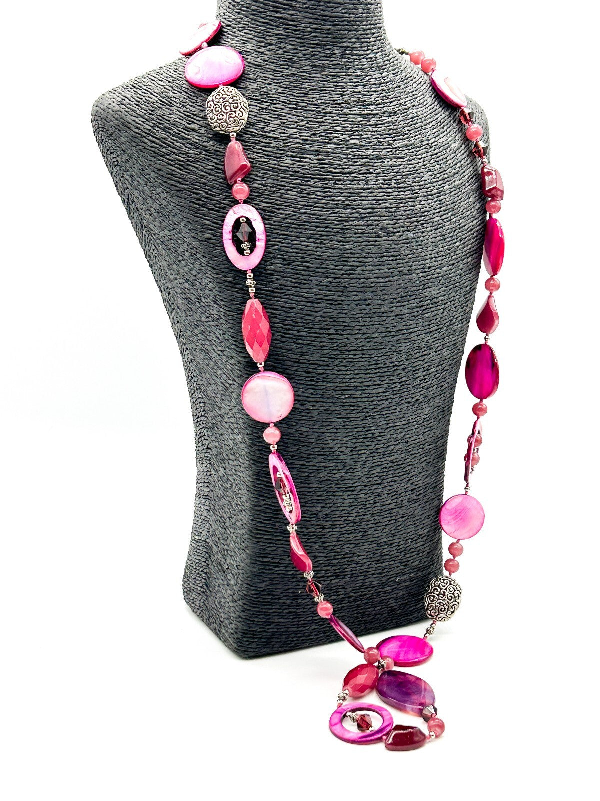 Hand Knotted Pink Shell Statement Necklace Magenta Purple Glass Boho