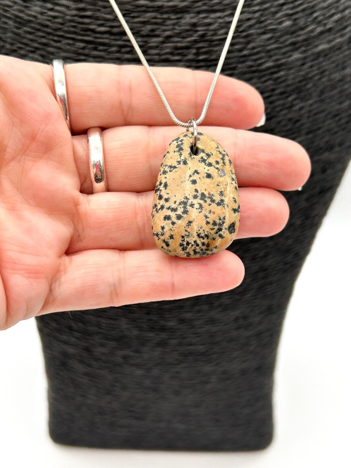 Dalmatian Jasper Pendant Necklace Natural Gemstone Silver Tone Snake Chain