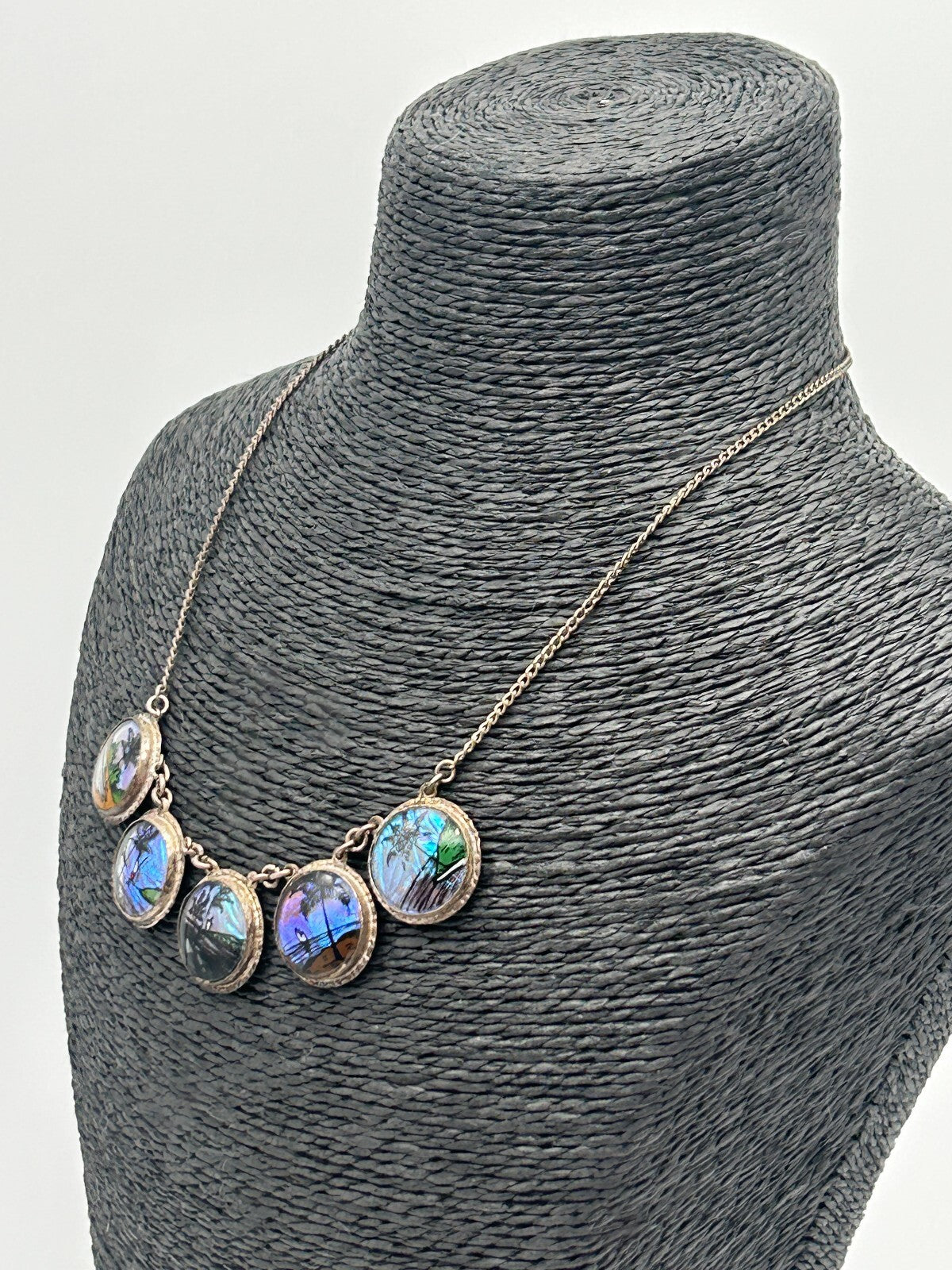 Morpho Butterfly Wing Necklace Tropical Painted Bubble Glass Brazil 1920s-1930s