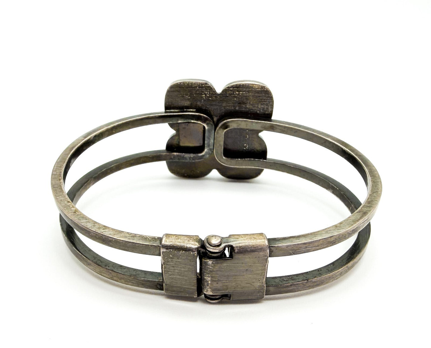Vintage Blue Cat’s Eye Glass Clamper Bangle Silver Tone Hinged Bracelet Retro