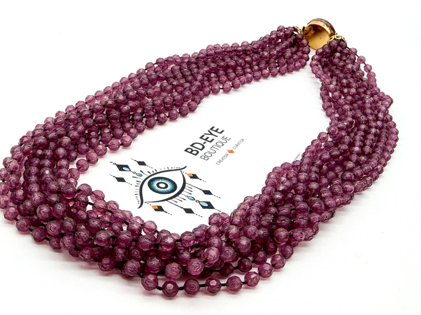 Vintage Hong Kong Style Purple Mauve Multi Strand Beaded Necklace Acrylic Collar