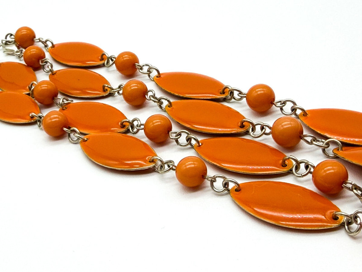 Retro Long Orange Acrylic Link Necklace Marquise Beads Silver Tone 31.5”