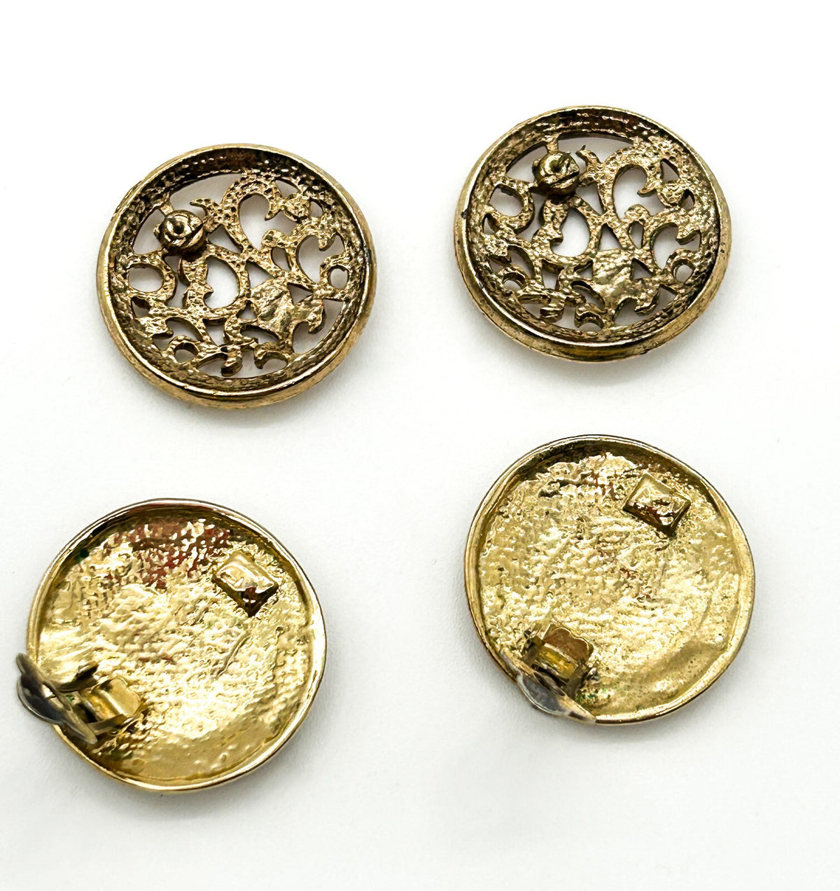 Vintage Gold Tone Filigree Stud Earrings & Pastel Enamel Clip On Earrings Pair