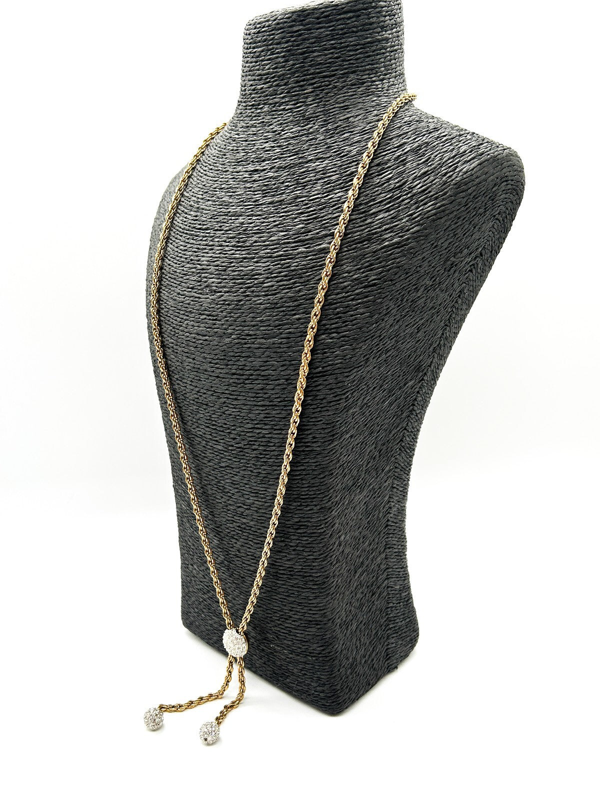 Vintage Gold Tone Rhinestone Bolo Necklace Twisted Rope Chain Adjustable Tassel