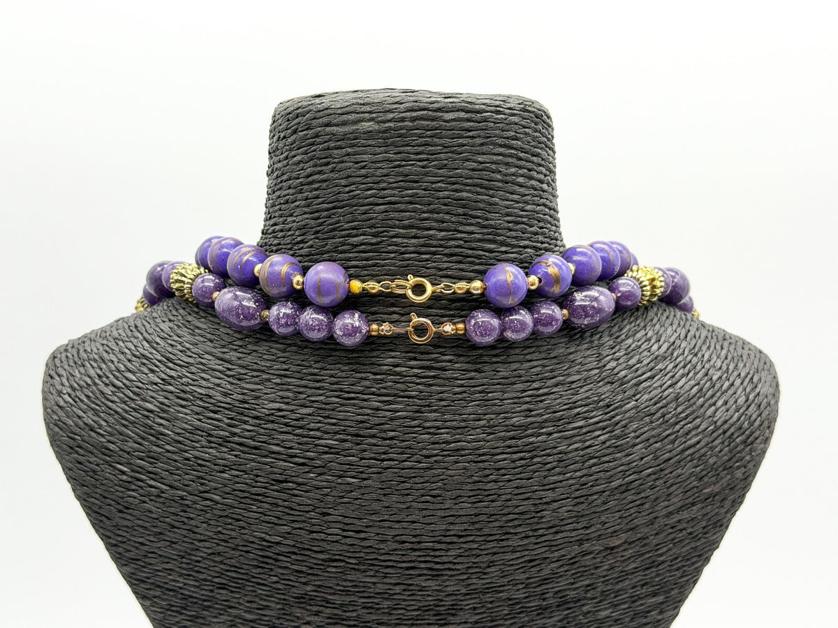 Vintage Purple Marbled Acrylic Bead Necklaces Gold Swirl Beads Necklace Duo