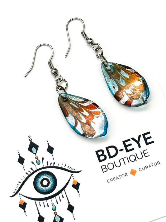 Vintage Blue Copper Metallic Art Glass Drop Earrings Teardrop Foil Glass Dangle