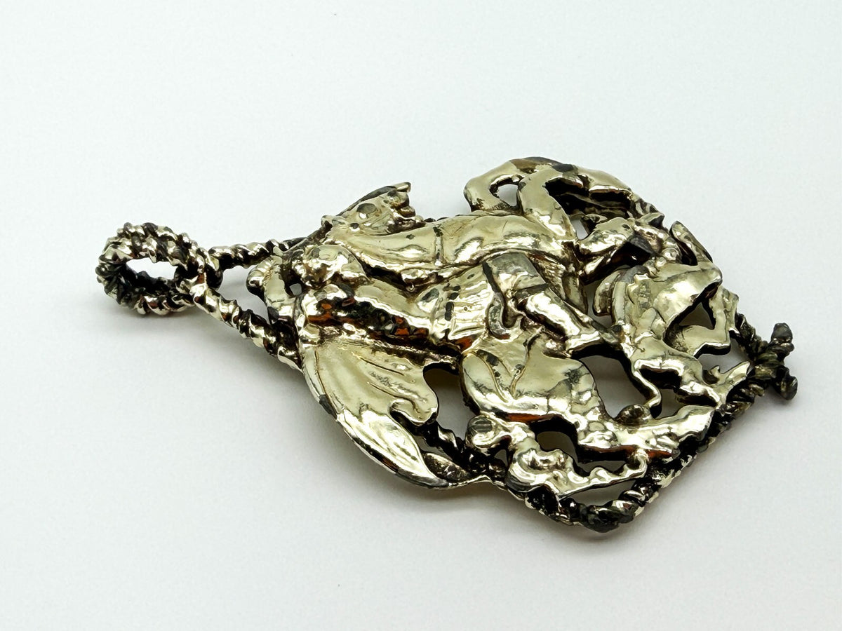 Vintage Jewelcraft St George and Dragon Pendant Gold Tone Signed 8.5cm Signed