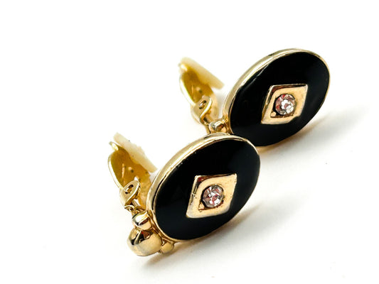 Vintage Gold Tone Black Enamel Clip On Earrings Clear Rhinestone Oval Deco Style