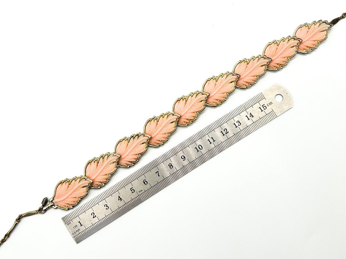 Vintage Pink Thermoset Lucite Leaf Necklace Silver Tone Articulated Leaves
