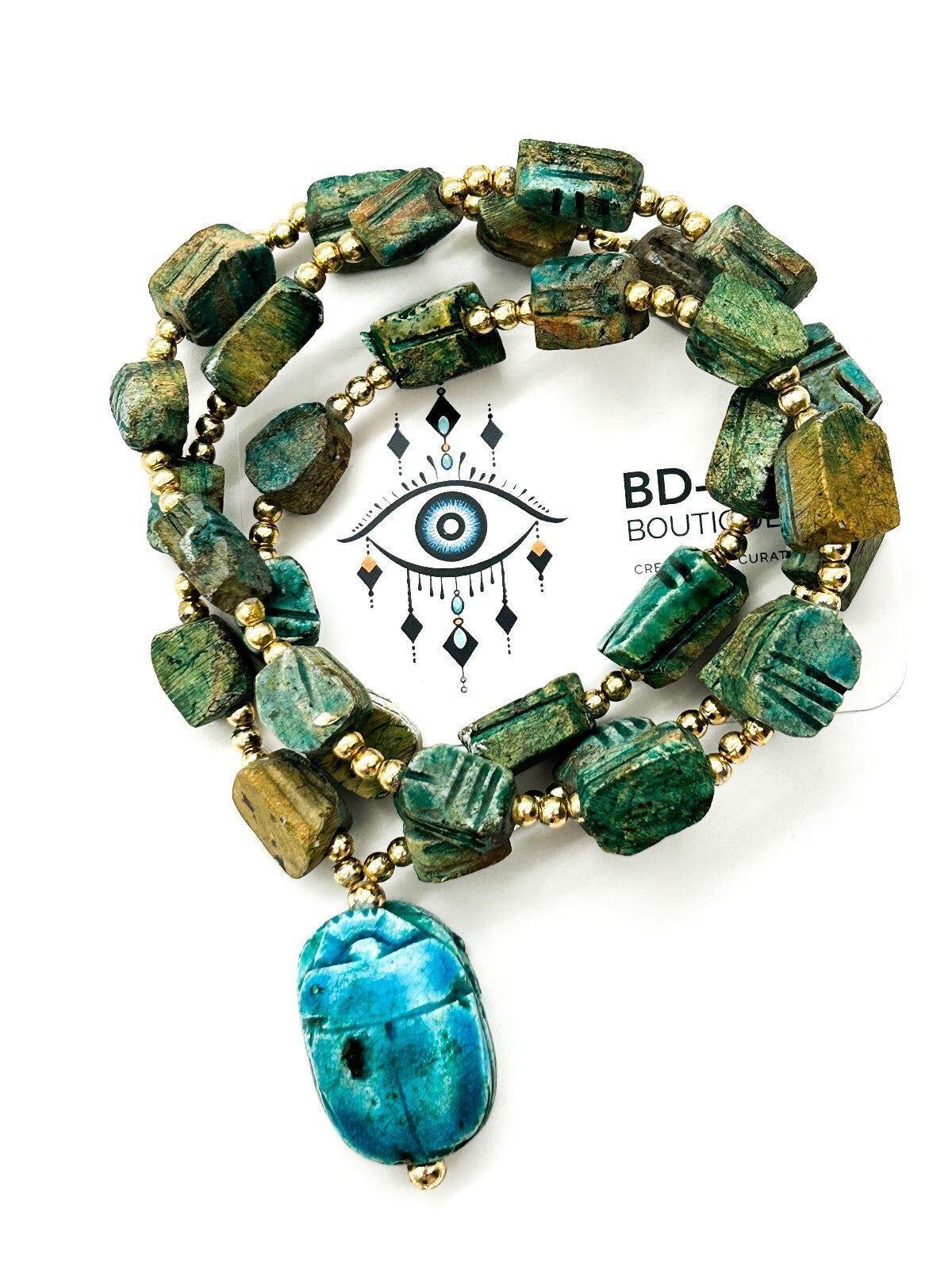 Vintage Egyptian Revival Scarab Necklace Blue Green Ceramic Beetle Pendant