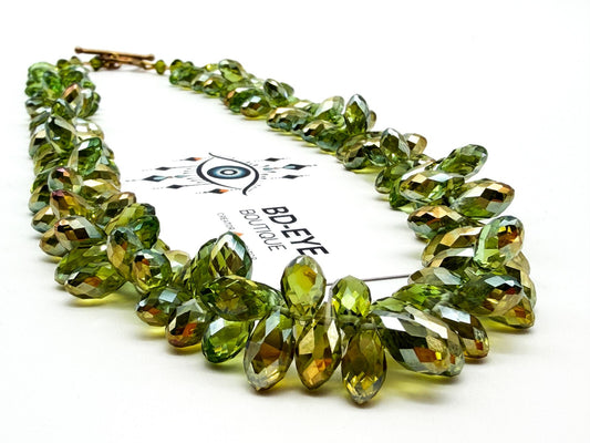 Swarovski Beads Green Crystal Necklace Faceted Teardrop Beads Gold Tone Toggle