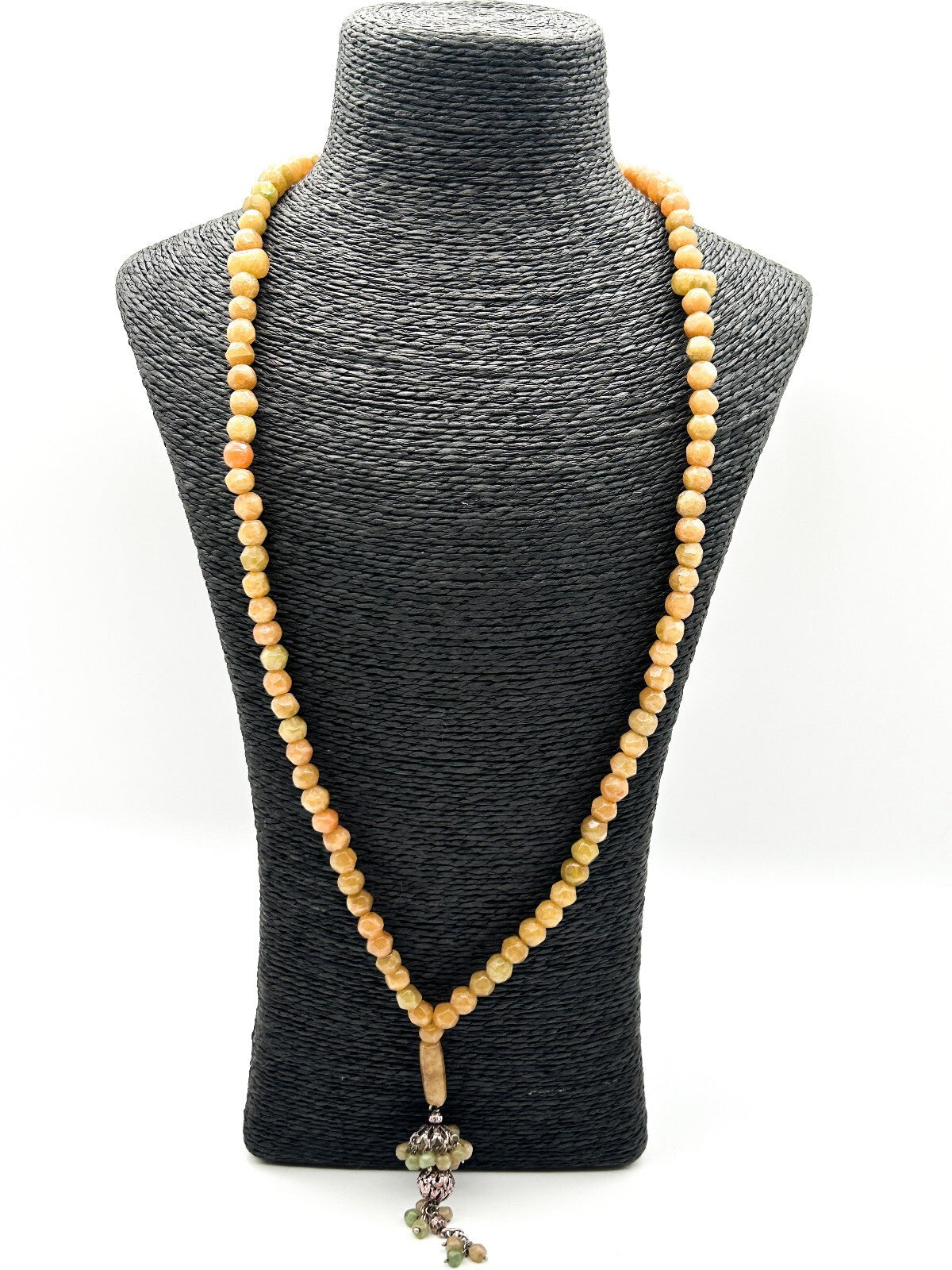 Vintage Yellow Jade Beaded Necklace Green Jade Tassel Pendant Gemstone