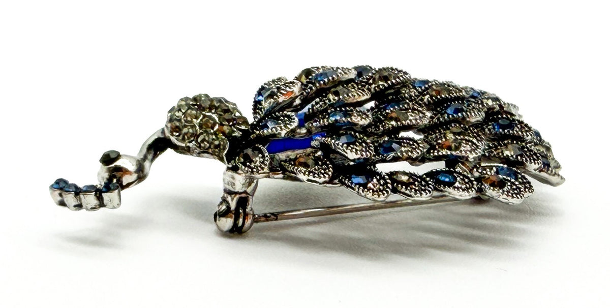 Peacock Rhinestone Brooch Blue Faceted Glass Bird Pin Silver Tone Statement