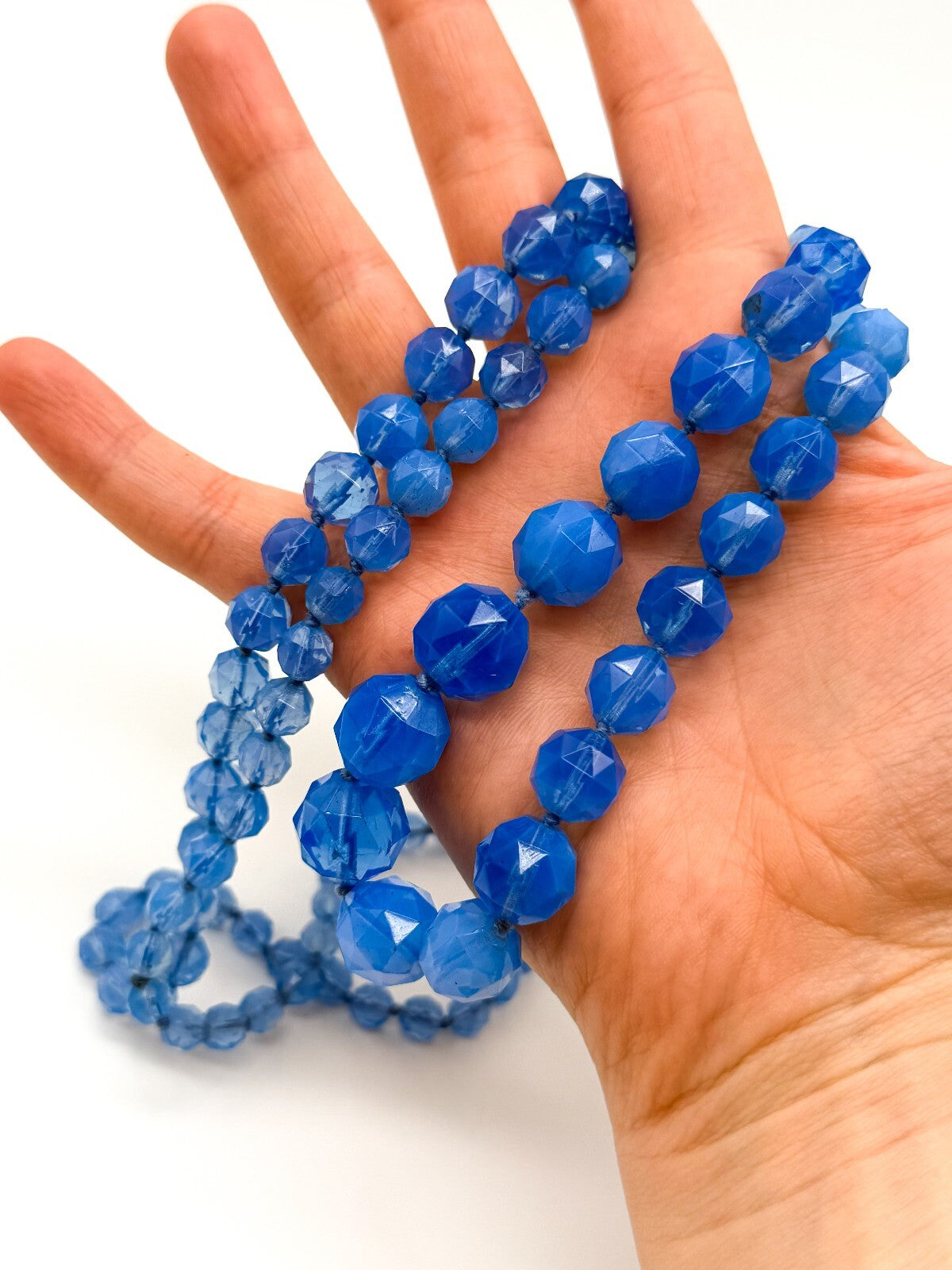 Vintage Long Blue Faceted Glass Bead Necklace Hand Knotted Continuous Strand