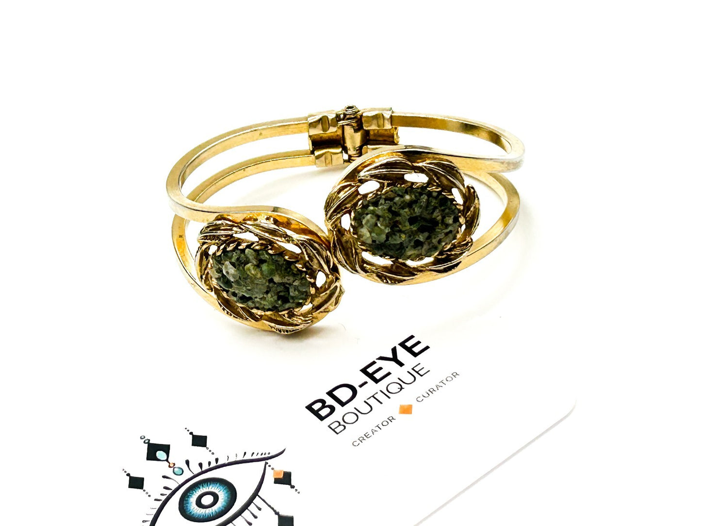 Vintage Gold Tone Faux Jade Glass Clamper Bangle Hinged Bracelet