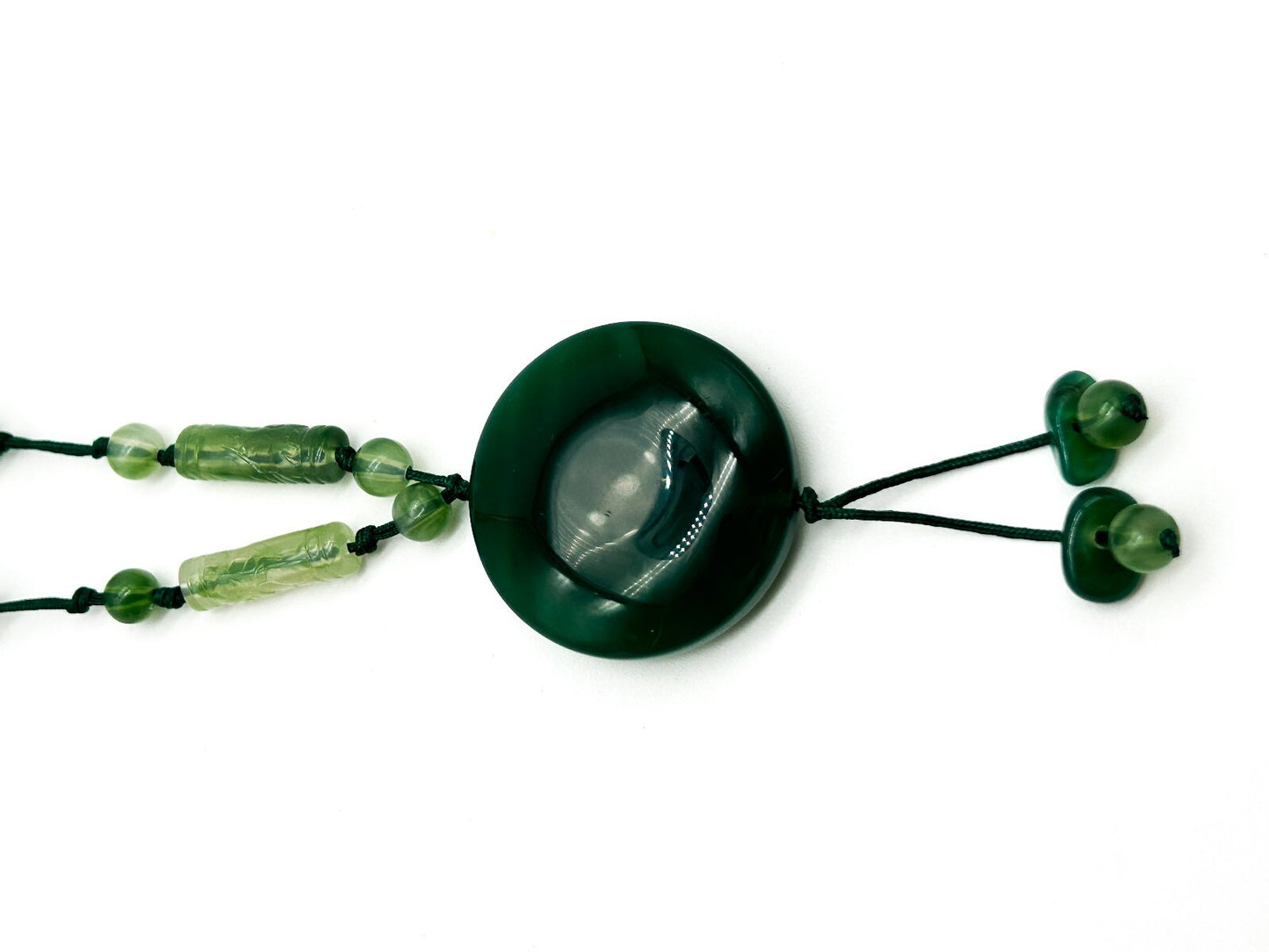 Vintage Green Aventurine Necklace Macrame Disc Pendant Boho Gemstone Tassel