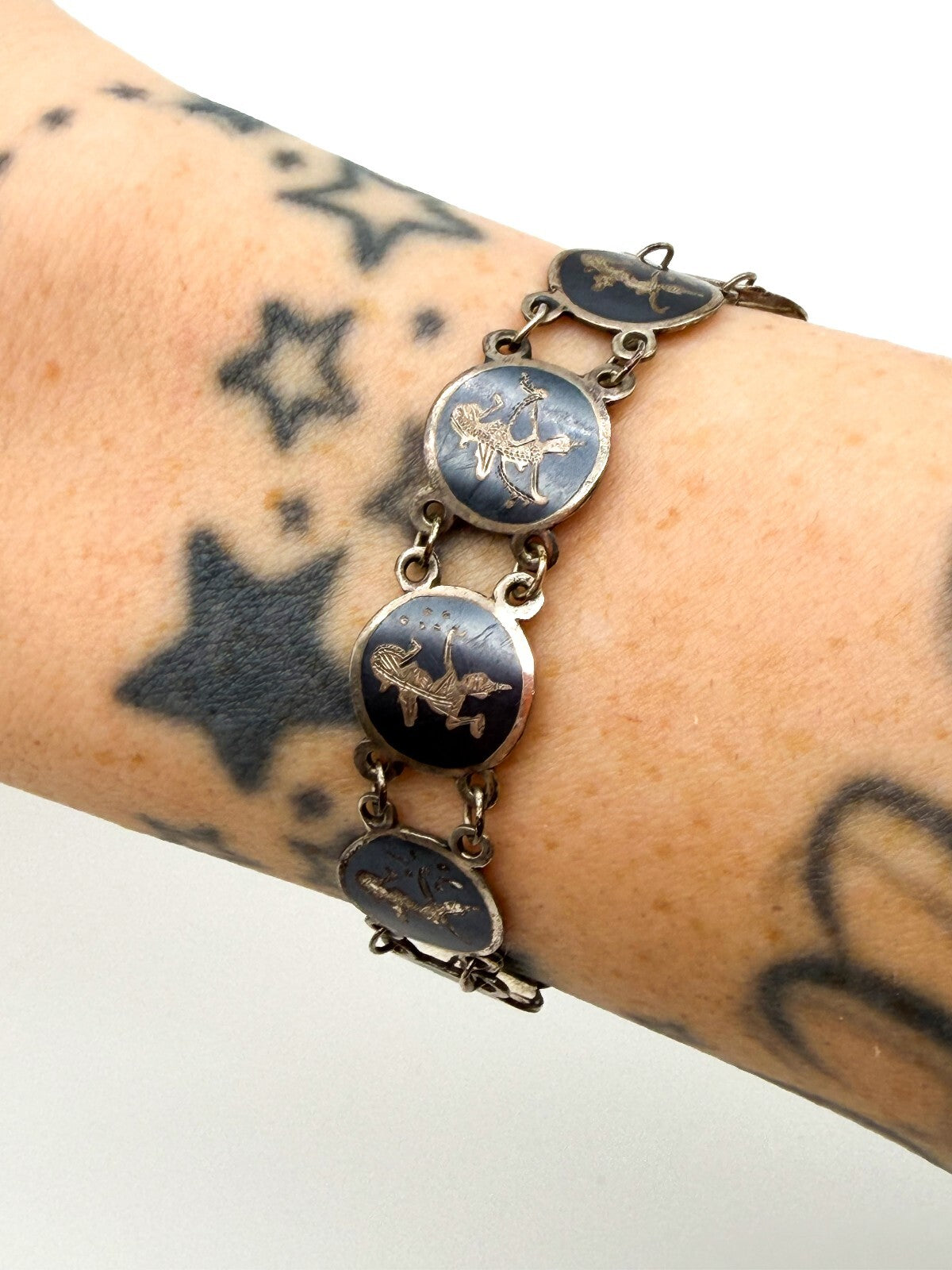 Vintage Siam Sterling Silver Niello Bracelet Thai Dancer Panels 7.5”